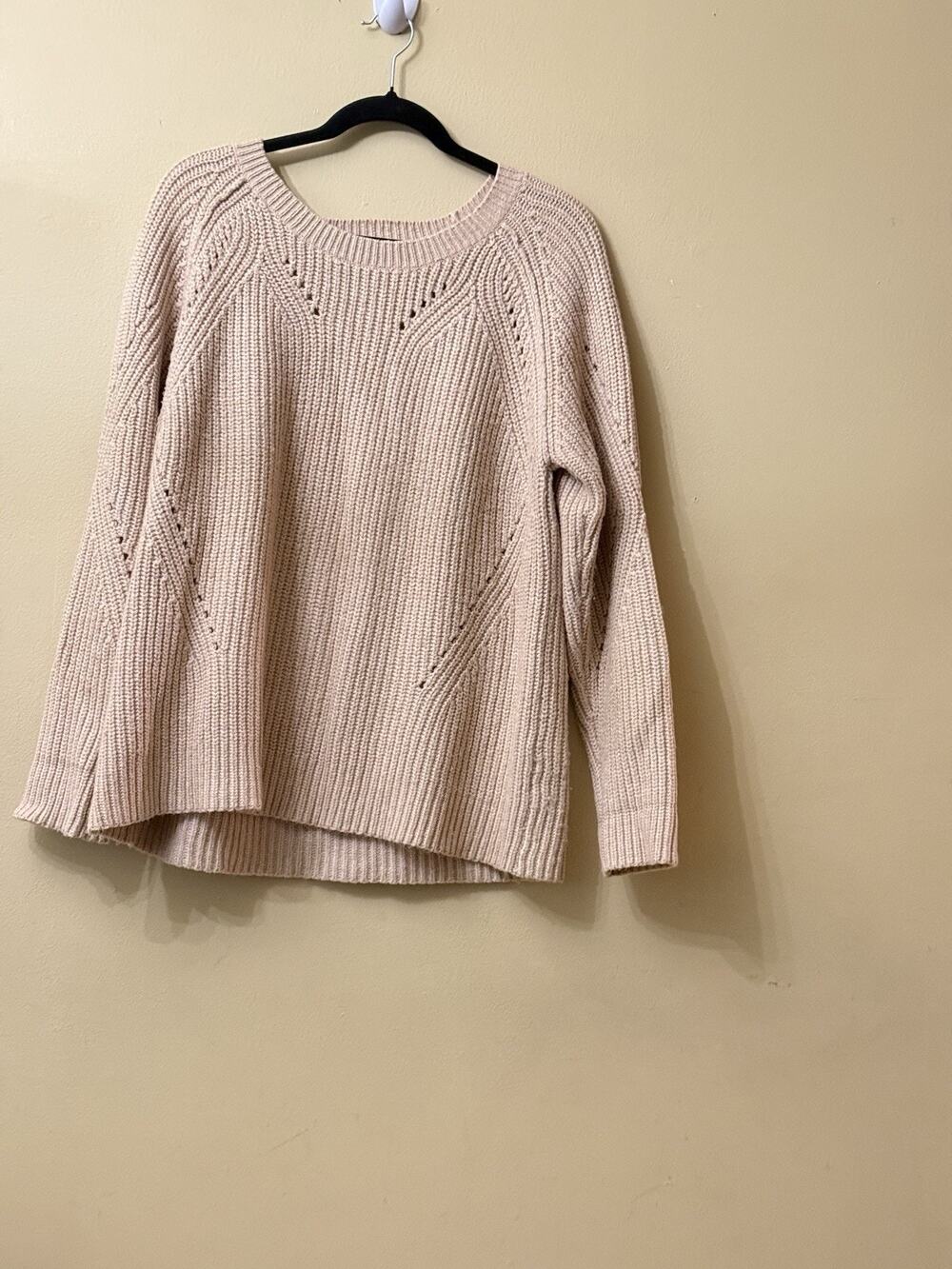 Lucky Brand Sweater Womens XL Oatmeal Chunky Knit Pointelle Back Coastal Grandma